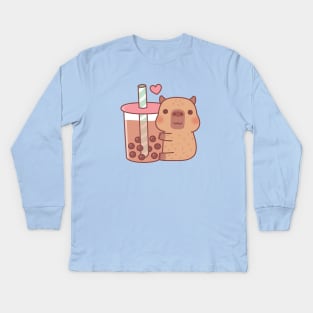 Cute Little Capybara Hugs Bubble Tea Kids Long Sleeve T-Shirt